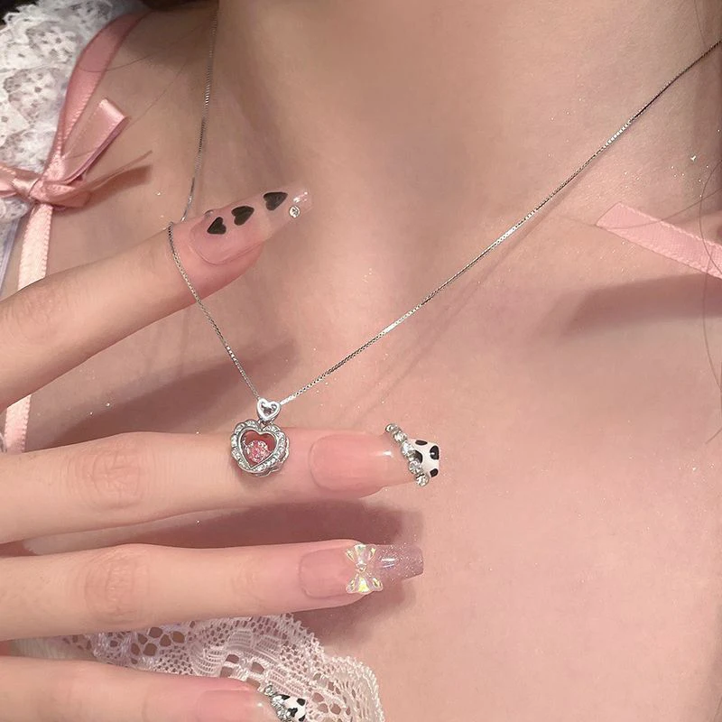 1PC Pink Heart Pendant Necklace for Women Lovers Rhinestione Clavicle Chain Chocker Female Cute Crystal Moonstone Jewlery Gifts