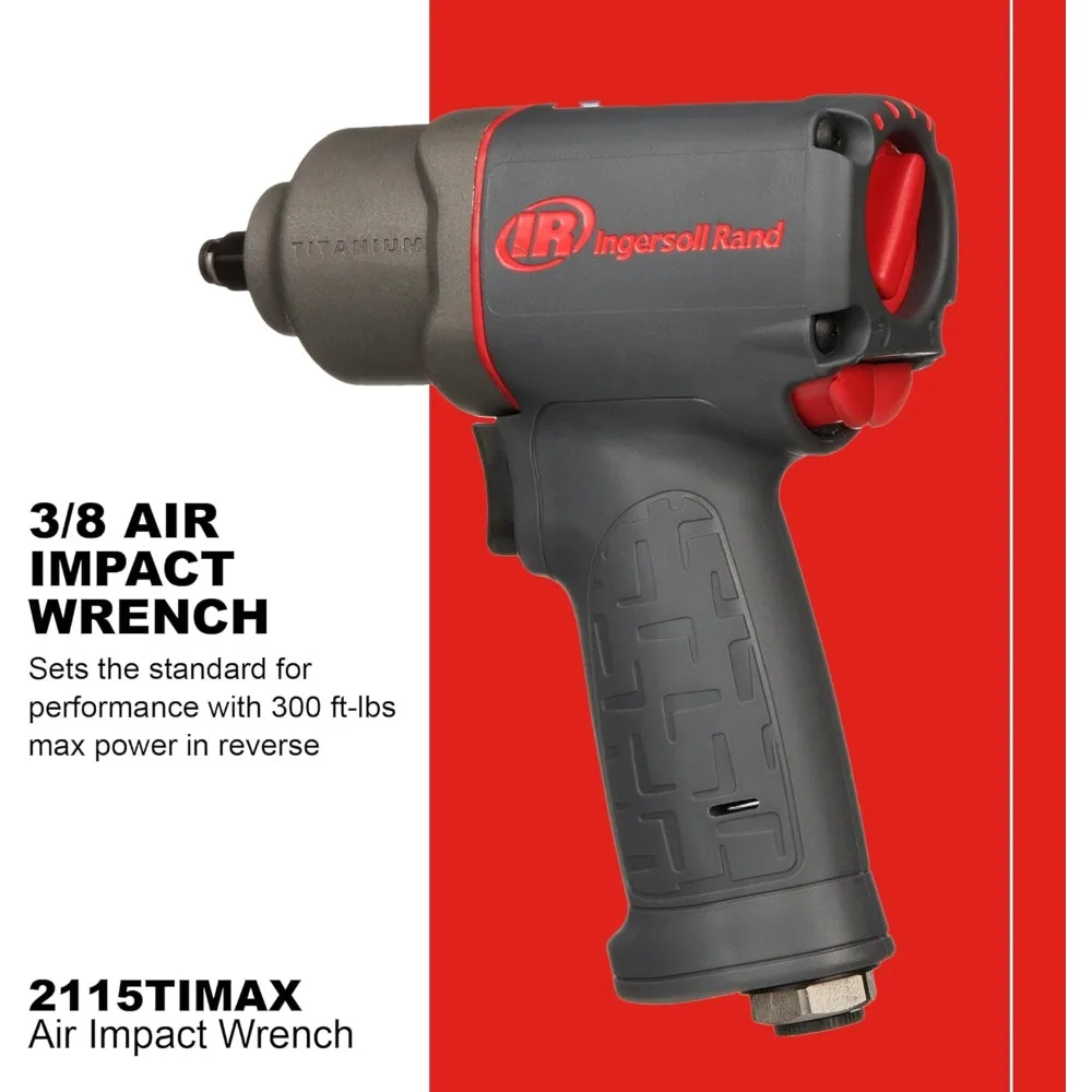 Ingersoll Rand 2115TiMAX 3/8 مفتاح ربط هوائي، عزم دوران 300 قدم رطل، علبة مطرقة تيتانيوم، مثبت حلقة الاحتكاك، مسدس