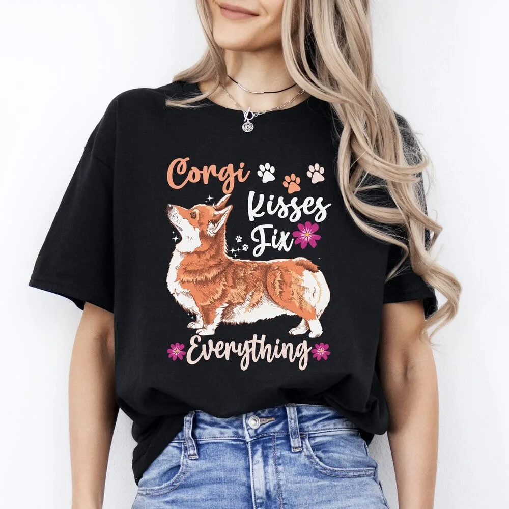 Cute Corgi Mom Men's and Women's T-shirt Summer Crewneck Design Harajuku Clothing Regardless of Gender Pure Cotton Black Tshirt