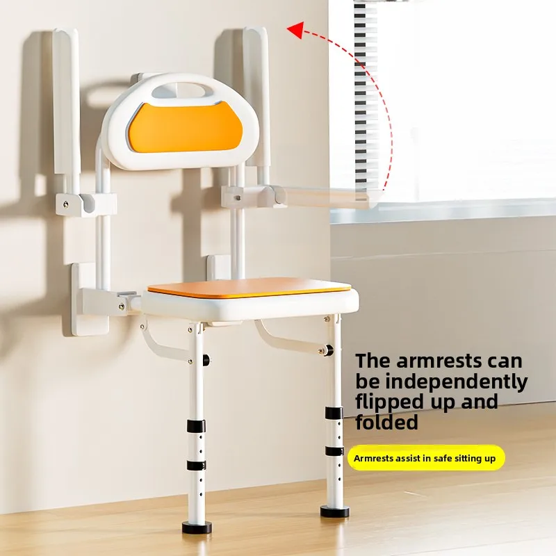 Elderly Bathroom Folding Chair Wall Shower Seat Wall-mounted Disabled Accessible Shower Stool with Armrest Back Bathroom Chairs