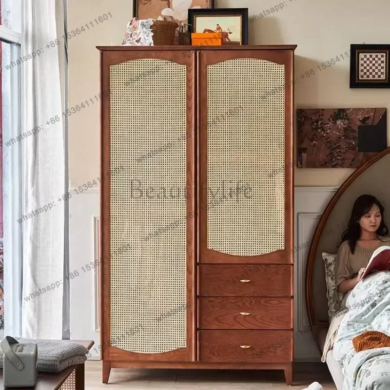YJ Nordic Rattan Wardrobes Modern Drawers European Wooden Clothes Wardrobe Bedroom Cupboard Corner Armario Para Ropa Home Furnit