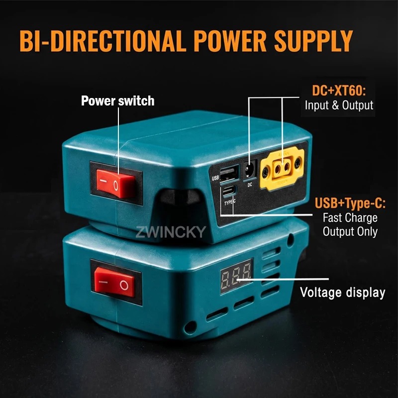 Zweiwege-Ladeadapter-Konverter für Makita/Dewal/Milwaukee 18V Li-Ionen-Akku, mit digitaler Anzeige, DC XT60 USB Typ-C Anschluss