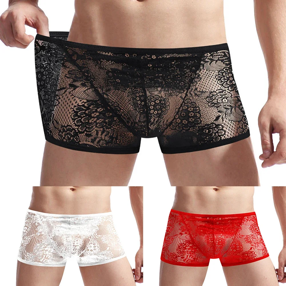 Mens Lace Sheer Briefs Seamless See-Through Panties Sleepwear Pouch Underwear Trunks See Through Underpants Erotic Lingeri