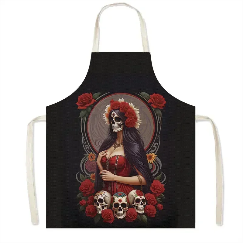 Flower Holy Death Kitchen Aprons Santa Muerte Mexico Skull Home Cleaning Clothing Linen Pinafore Waterproof Chef Cooking Apron