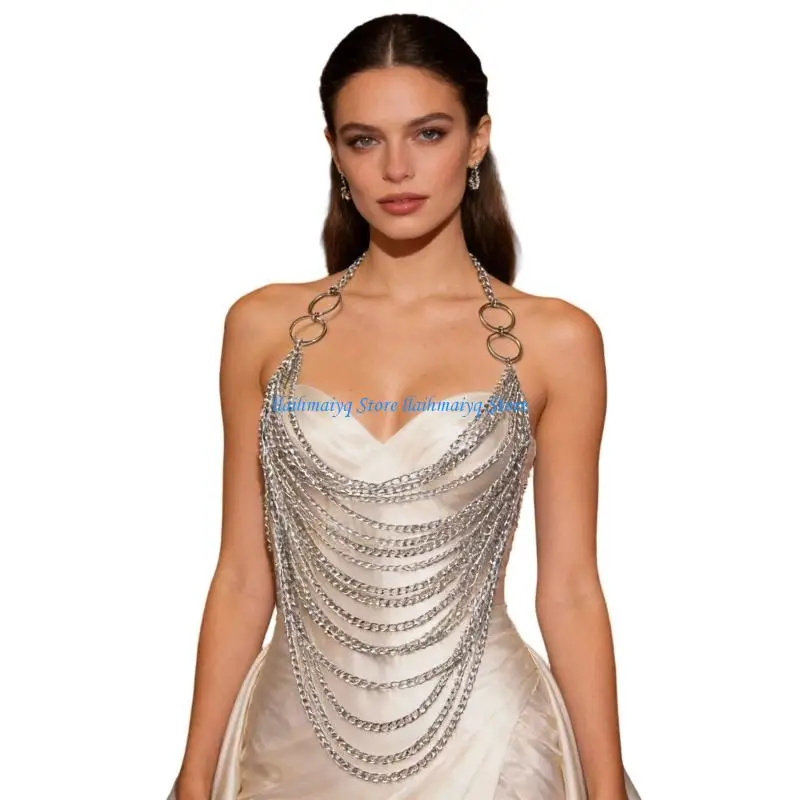 573B Metallic Fringe Chest Chain Multi Layered Body Jewelry Halter Neck Crop Top For Women Beachwear Party Body Decoration