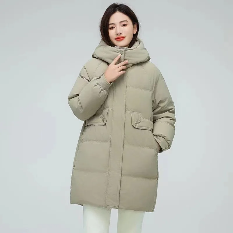 Women's Quilted Cotton Jacket Mid-Length Hooded Puffer Coat Warm Thickened Winter Casual Outerwear with Zipper And Pockets