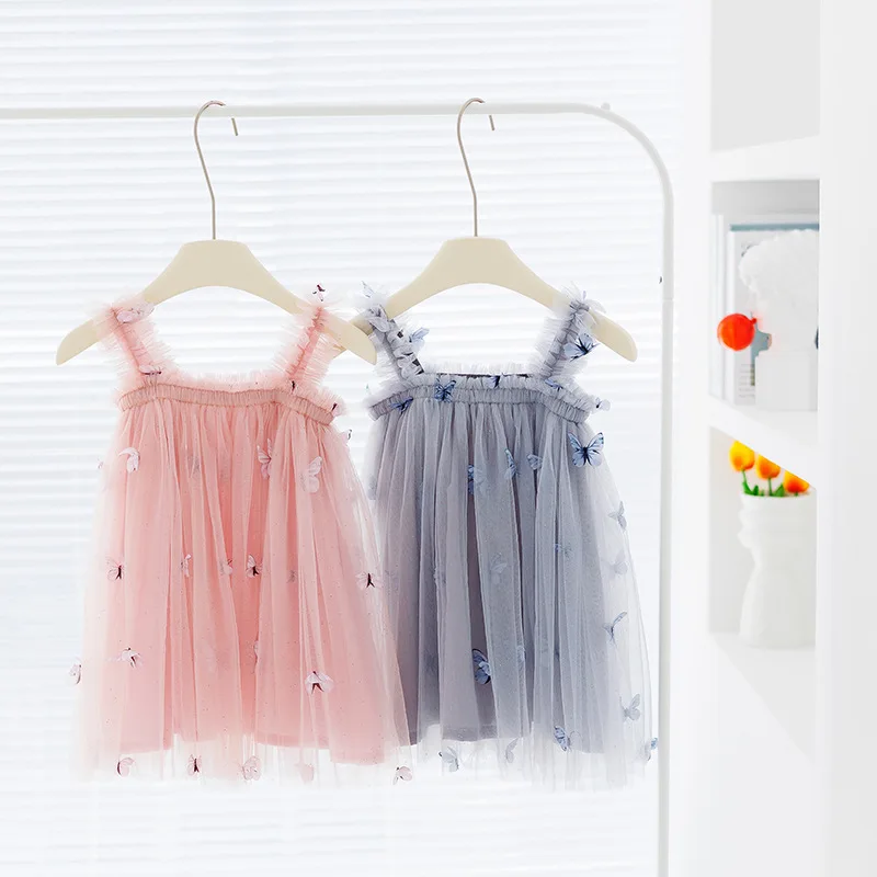 New Baby Girl Clothes Solid Colour Sweet Butterfly Decorated Mesh Sling Baby Girl Dress Birthday Party Cute Princess Puffy Dress