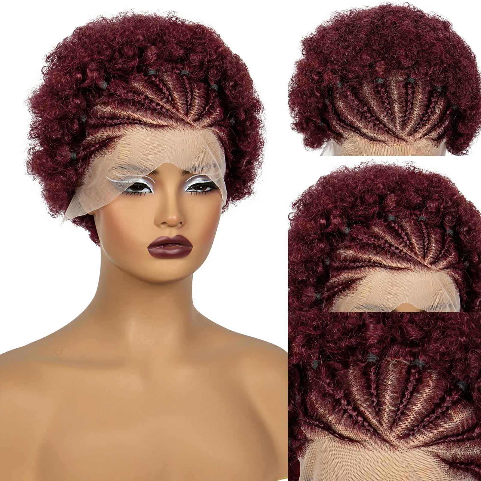 99J #   Pelucas de cabello humano rizado Afro Borgoña con trenzas Cornrow 13x4 pelucas Bob rizadas cortas frontales de encaje transparente para mujeres