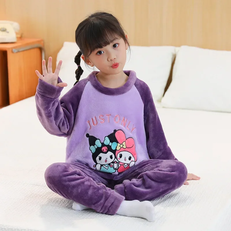 Sanrio Hello Kitty Kuromi Children\'s Pajamas Cinnamoroll My Melody Winter Autumn Flannel Anime Kids Sets Long Sleeved Girls Boys