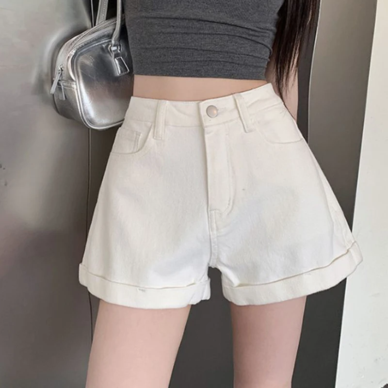 

Летние женские джинсовые шорты с высокой талией, облегающие, тонкие, классические, однотонные, в корейском стиле, хит продаж