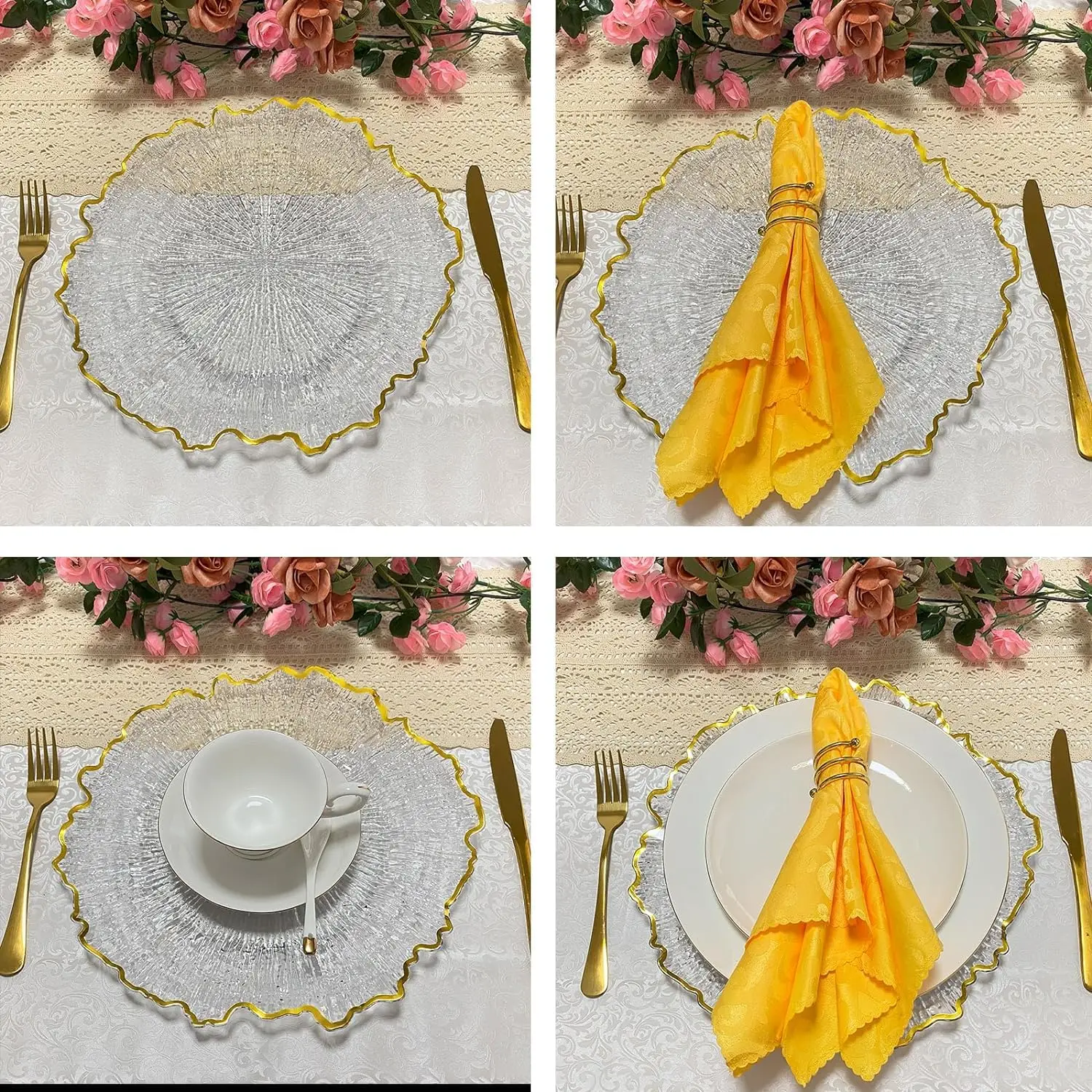 25 قطعة من أطباق شاحن الشعاب المرجانية الشفافة مع أطباق شاحن بلاستيكية بحافة ذهبية لحفلات العشاء ولوحة طاولة خدمة الزفاف لـ #3