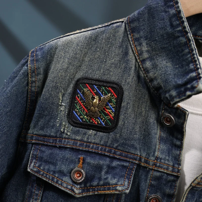 Motorcycle Embroidery Denim Jacket Men's Street Retro Nostalgic American Workwear 2024 Spring and Autumn New Menswear Clothing