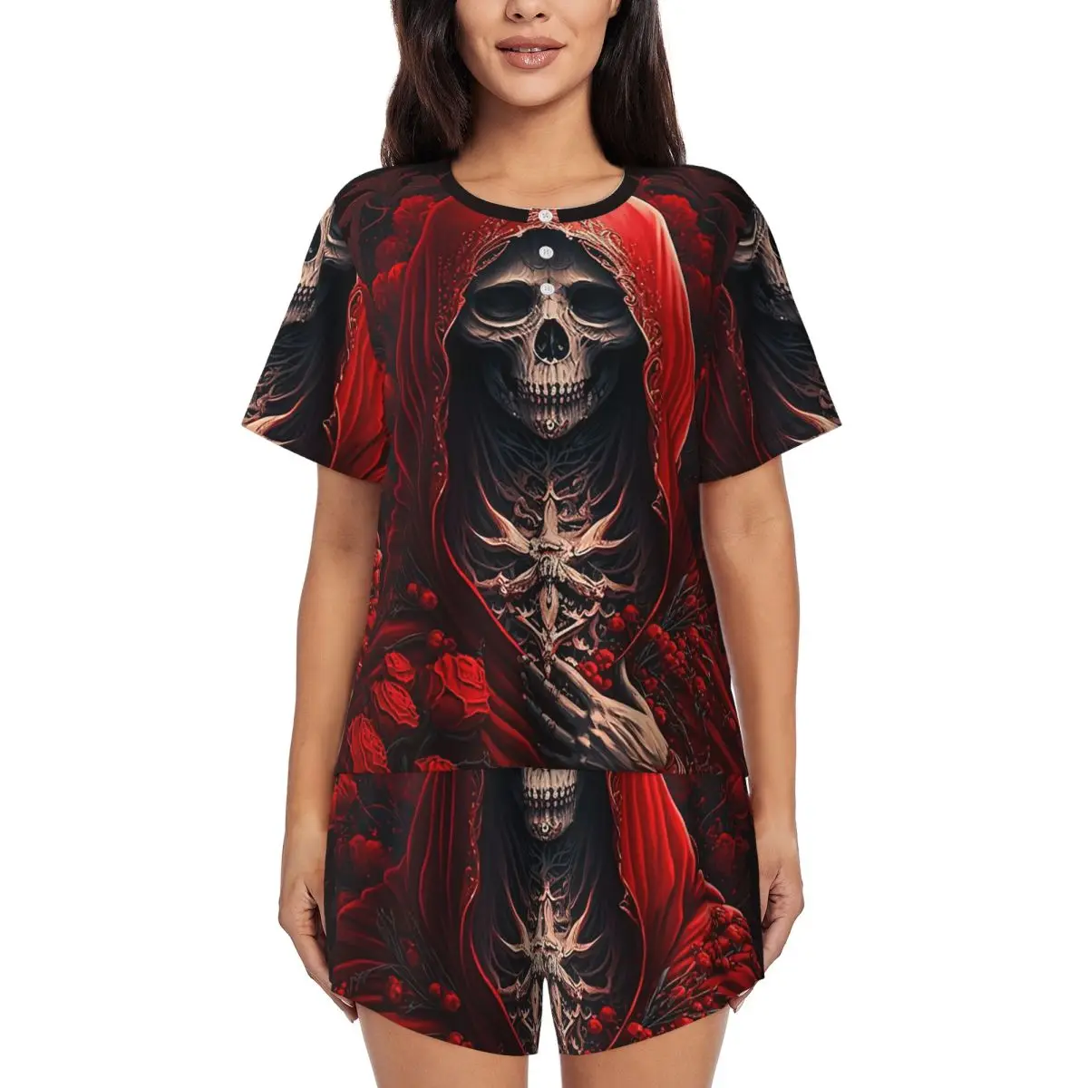 

Ночная рубашка с круглым вырезом и короткими рукавами в стиле Санта-Муэрте (Святая Смерть) с мексиканским черепом Муэртос, пижамный комплект для женщин с короткими шортами