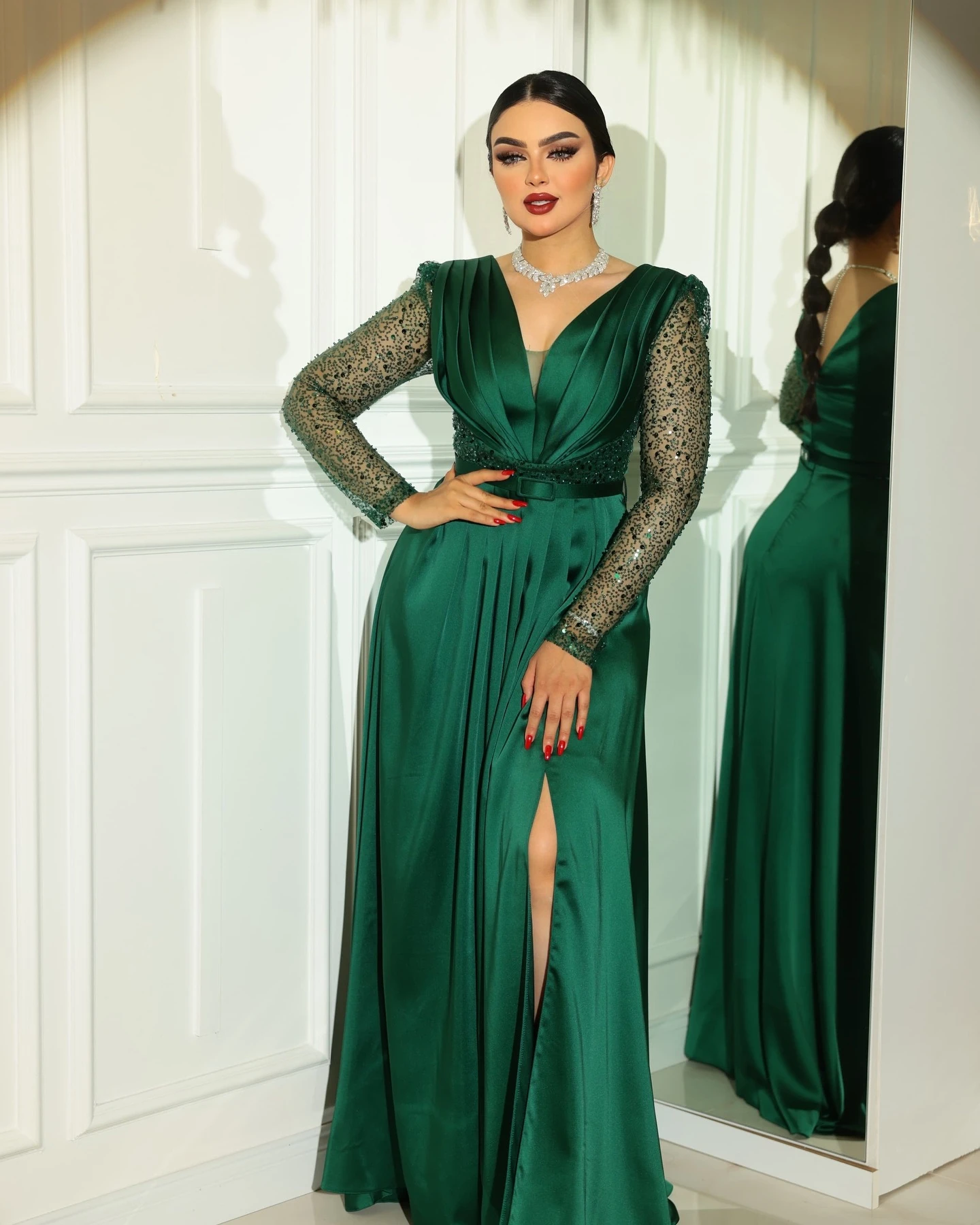 FATAPAESE Elegant Evening Dress V-Neckline Satin Full Sleeve Side Slit Maxi Skirt Special Occasion Gown لباس_ماکسی لباس_شب_ترک