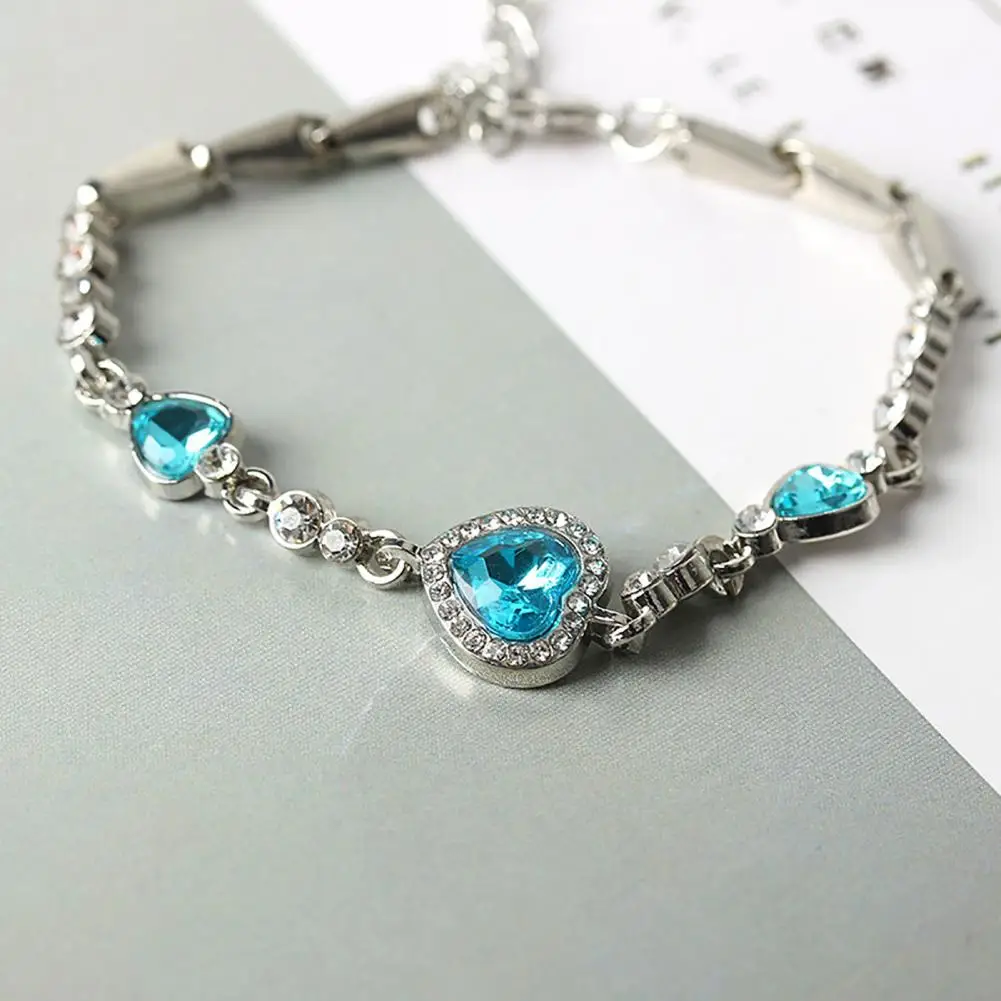 Women Heart Shape Blue Rhinestone Bracelet Adjustable Elegant Chain Bracelet For Party Jewelry Shiny Rhinestone Bangle Bracelet