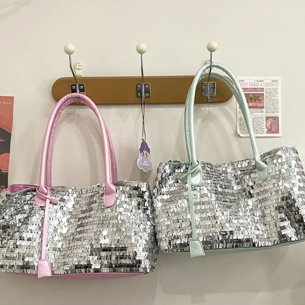 Simple Shiny Sequin Tote Bag Fashion Sequined Glitter Shoulder Bag Underarm Bag Large Blingbling Handbag Outdoor