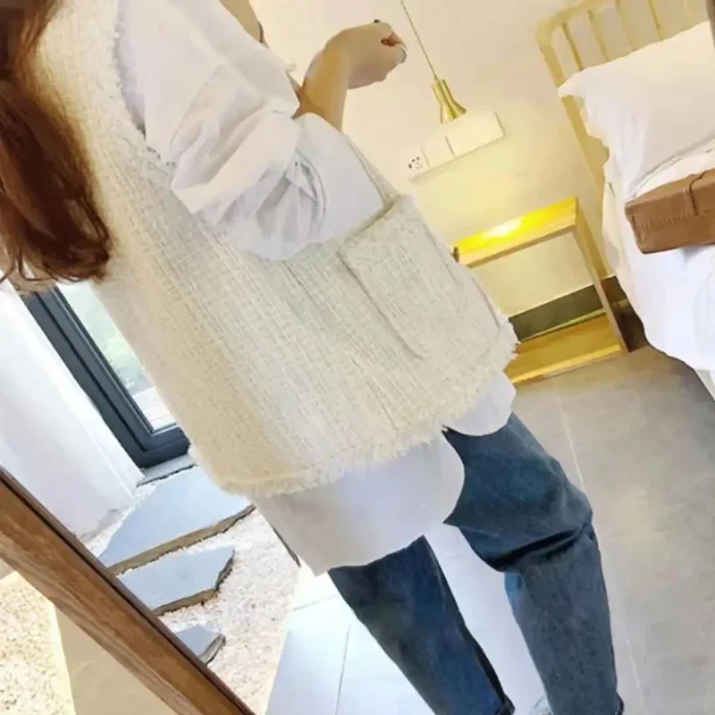 Autumn Winter V-neck Single-breasted Knitted Vest All-match Sleeveless Pockets Soft Women Sweater Korean Fashion Streetwear Tops