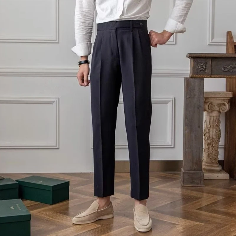 Old Money Aesthetic Mens Suit Trousers Stylish Belt Buttoned High-waisted Pants Men Fall Vintage Solid Color Slim Straight Pants