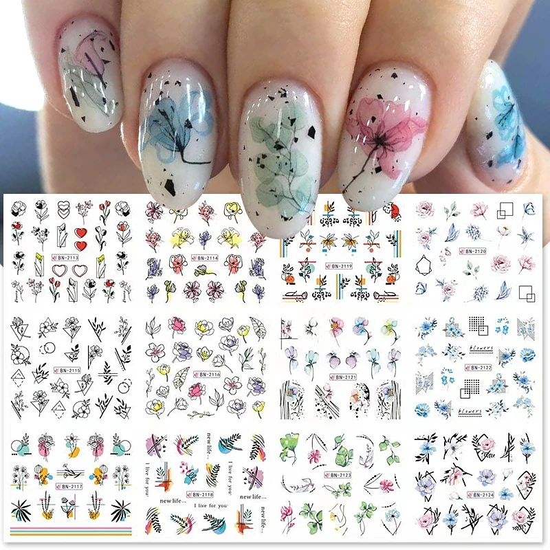 12Pcs/Set Green Leaf Nail Water Decals Floral Fruits Leaves Slider Nail Lines Transfer Foils Spring Summer Nail Stickers