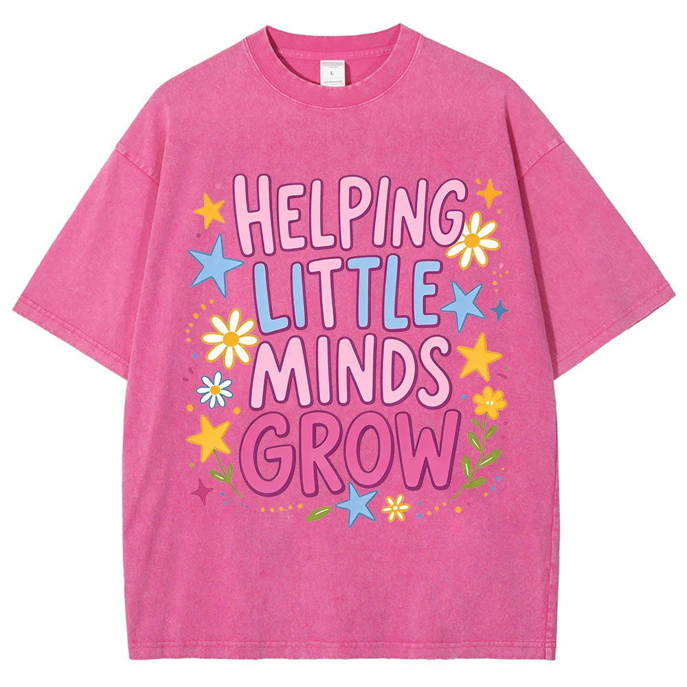 Women Helping Little Minds Grow Teacher Washed T Shirt Colorful Floral Star Hand Lettering Vintage Short Sleeve Tee