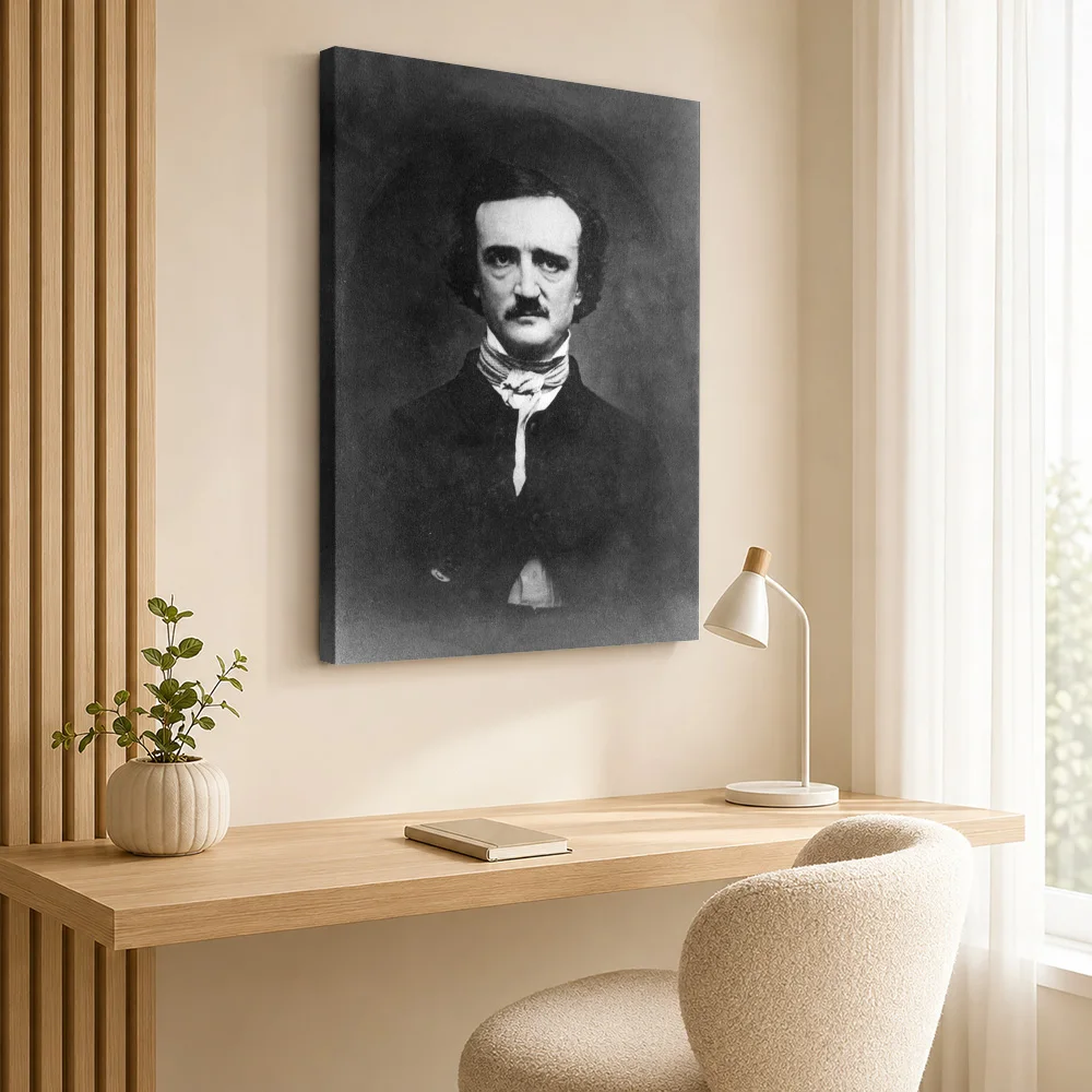 Edgar Allan Poe Writer Portrait Wood Framed Canvas Poster Customized Photo Monochrome Wall Art For Living Room Birthday Gift