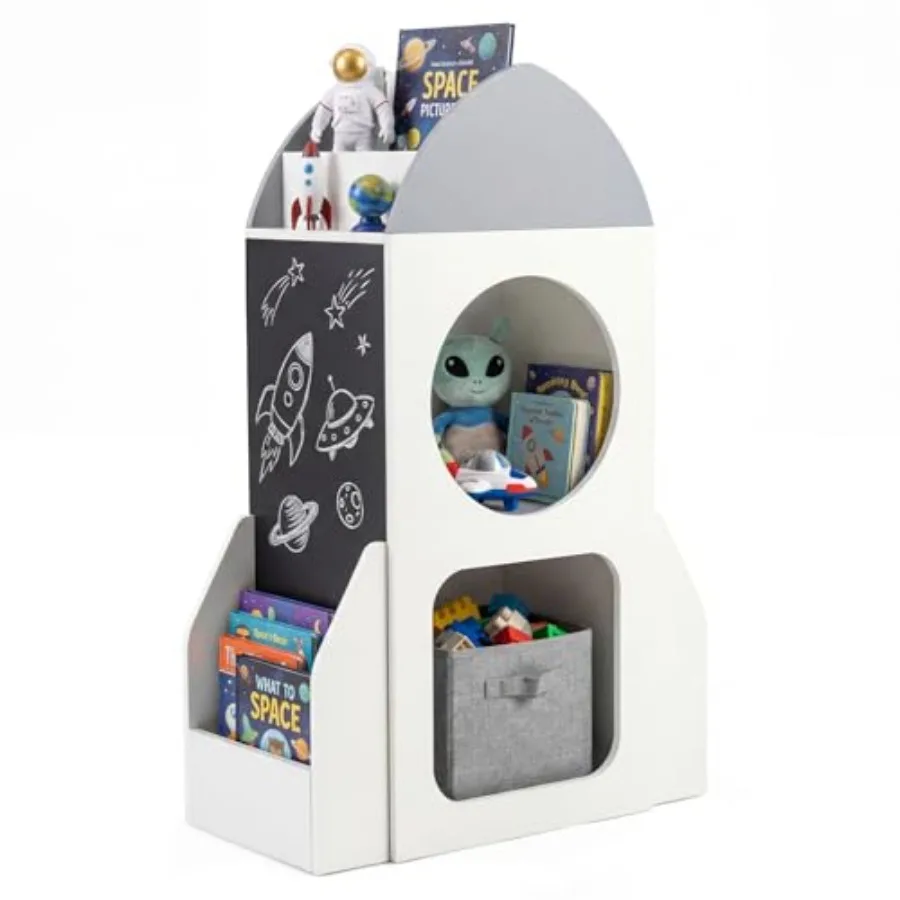 

Rocket Bookshelf Toddler Toy Storage Organizer w/Chalkboard 2 Cubbies and Open Shelf Wooden Bookcase for Classroom Playroom Day