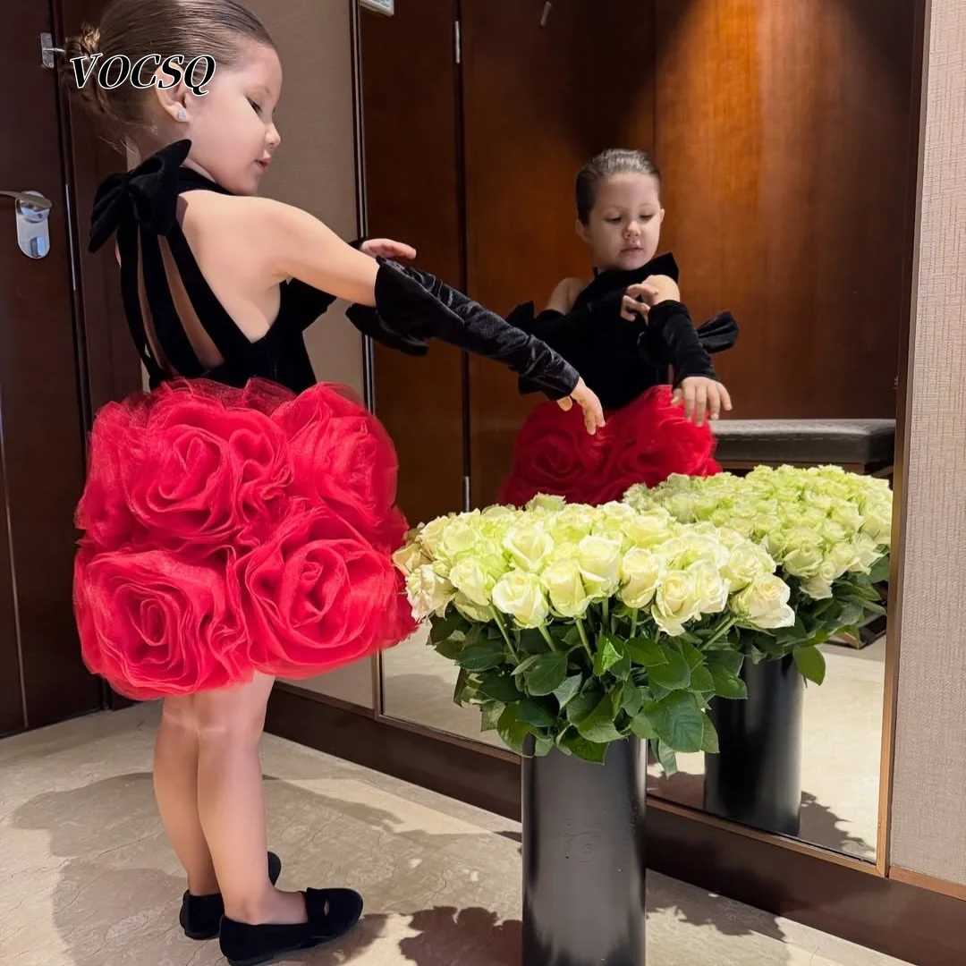 Flower Girl Dress Elegant Pageant Performance Dress 3D Flower Skirt Bow Gloves Wedding Birthday Formal Party Gown Customized