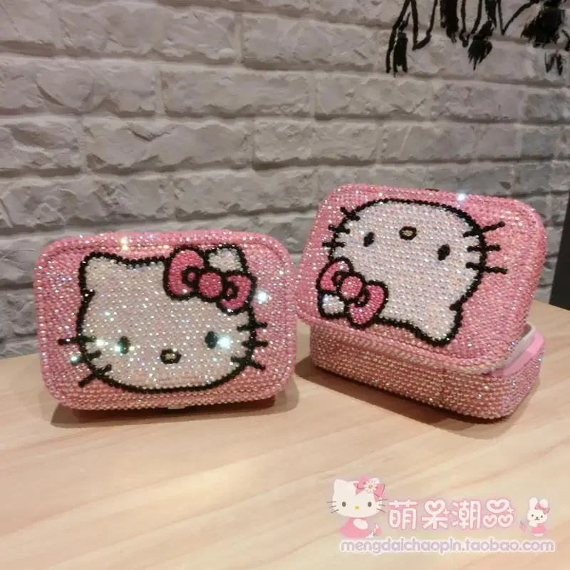 New Kawaii Productos Hello Kitty Full Diamond Handmade Jewelry Box Princess Box Earrings Ring Storage Case Gift for Women Girls