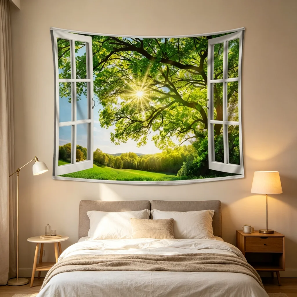 1PC Window Forest Print Backdrop Banner, Bedroom Living Room Photo Background, Polyester Wall Hanging, Home Decor, Wall Art