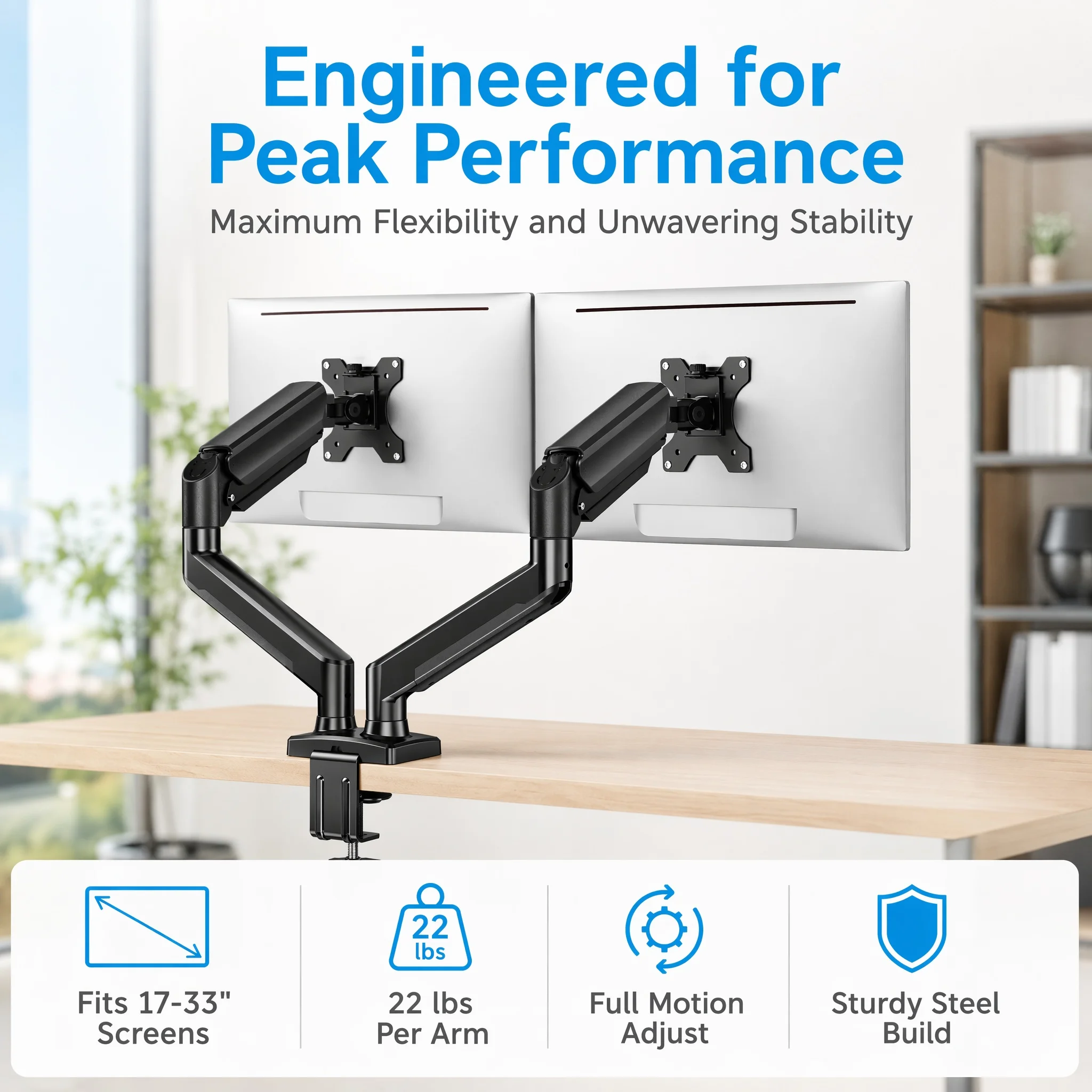 Dual Monitor Stand up to 33 Inches Screen, Load-Bearing Max 22 lbs Each Arm, Adjustable Dual Monitor Mount, Sturdy Steel VESA Monitor Mount with Stable VESA 75x75 100x100mm