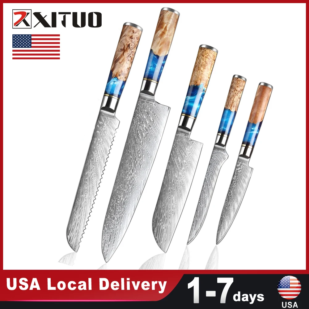 USA Warehouse Fast Shipping Damascus Steel 5PCS set knives Blue Resin Wood Handle Kitchen Chef Knife Cleaver Paring Bread Knife