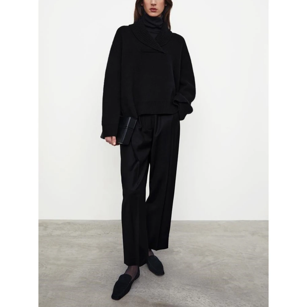 Women\'s T0* Shawl Collar Sweater Autumn and Winter Casual Commuter Loose Lapel Pullover Knit Top