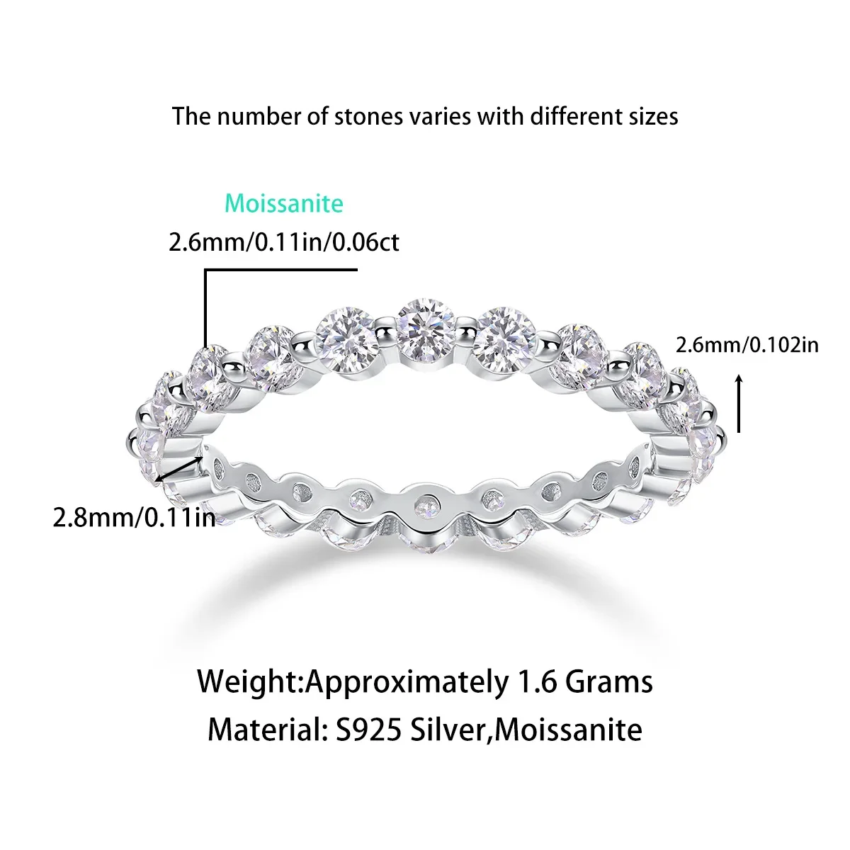 2.5 มม.1.32CT D สี Moissanite Eternity แหวน S925 เงินเพชรหมั้นแหวนแต่งงานเครื่องประดับ Fine ของขวัญ