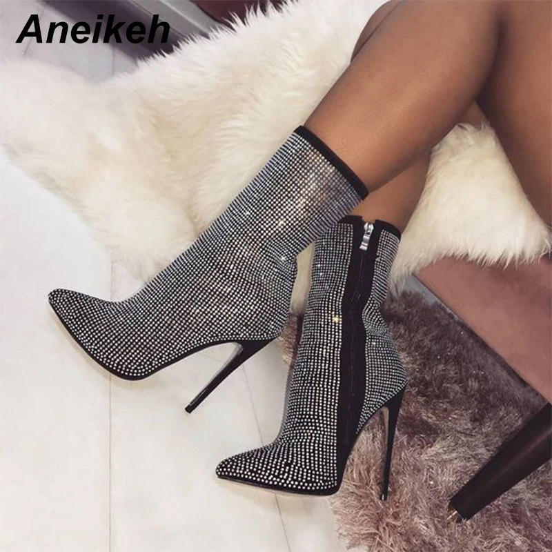 Aneikeh Spring Banquet Sexy Shiny Crystal Rhinestones Women's Ankle Boots High Heels Nightclub Modern Booties For Females Shoes