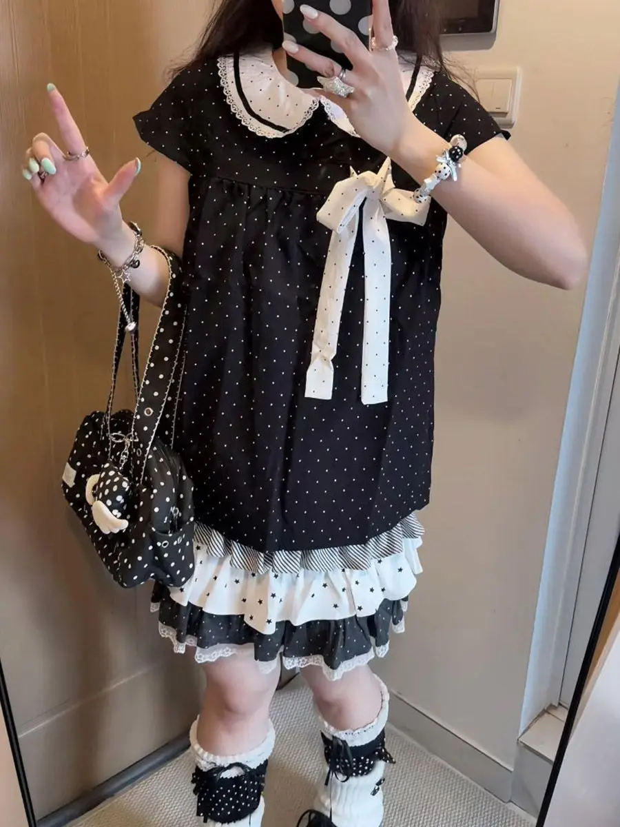 Y2K Kawaii Japanese Polka Dot 2 Piece Set Women Doll Collar Short Sleeve Bow Lace Trim Ruffle Cake Skirt Loose Fit Dress Casual view 3