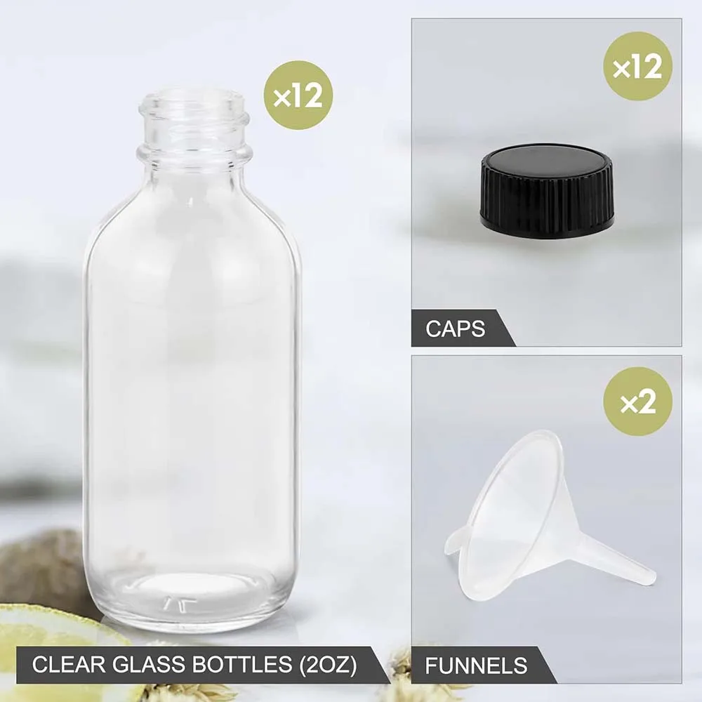 2OZ Small Glass Bottles with Lids and Funnels,Boston Round Glass Bottles, for Diy Essential Oils, Perfumes, Whiskey and Juices