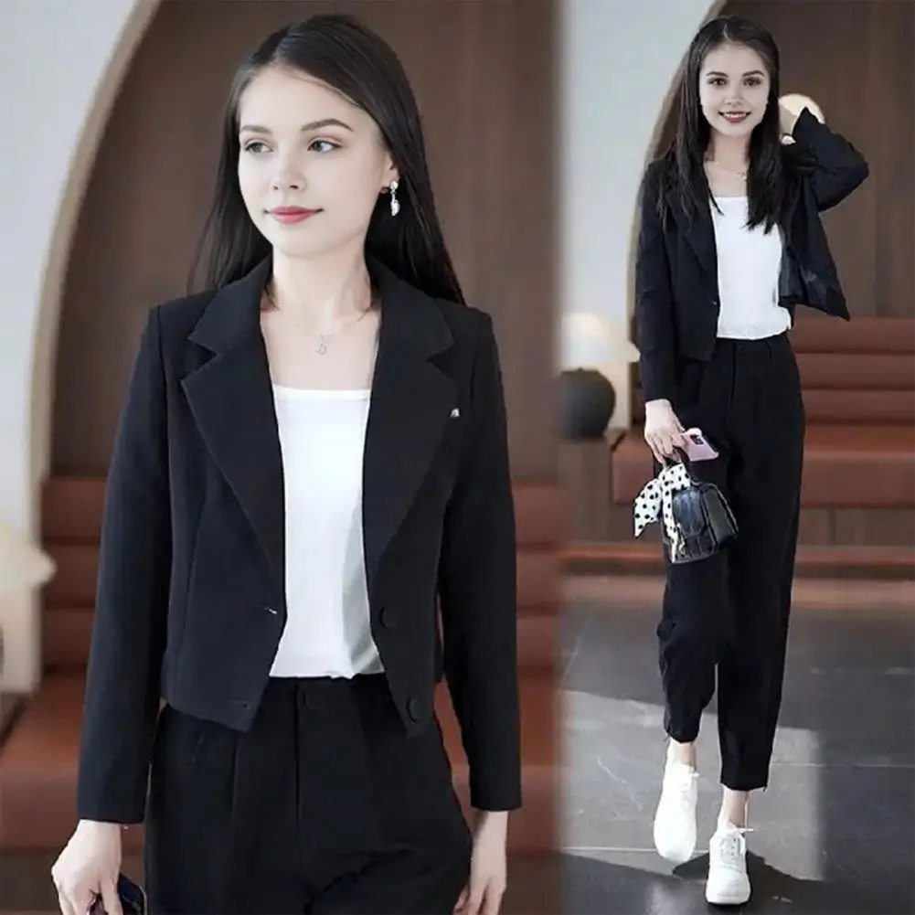 Lady Formal Clothes Stylish Women's Formal Commute Outfit Lapel Double Buttons Coat Pants Set with High Waist Trousers Long