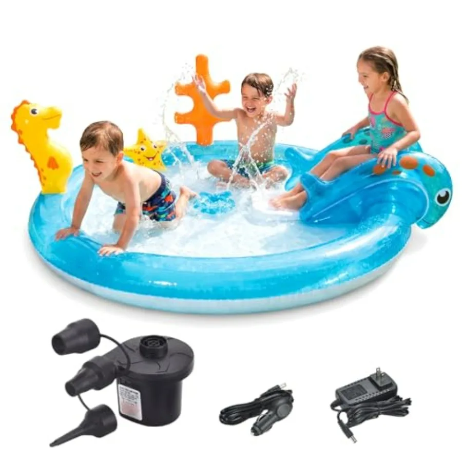 

Backyard summer outdoor water fun: inflatable kids pool with slide, sprinkler air pump; PVC material, blue and yellow; durable,