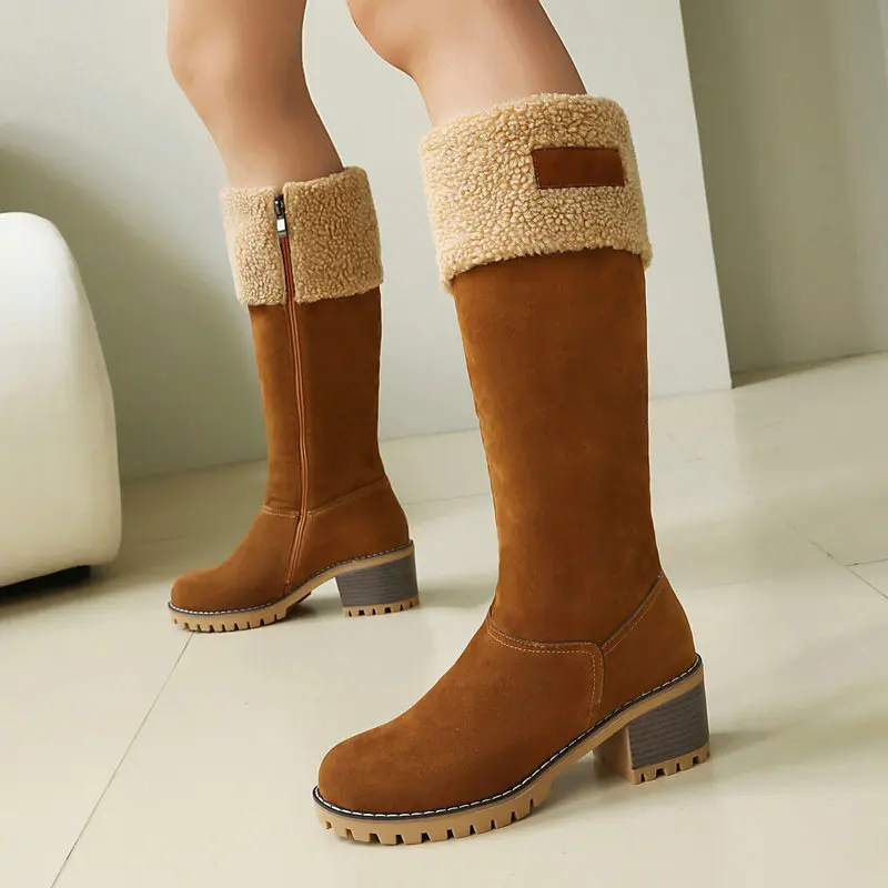 

Women's Knee High Boots Faux Suede Leather Fur Cuff Block High Heels Side Zipper Winter Warm Snow Boots Thigh High Booties