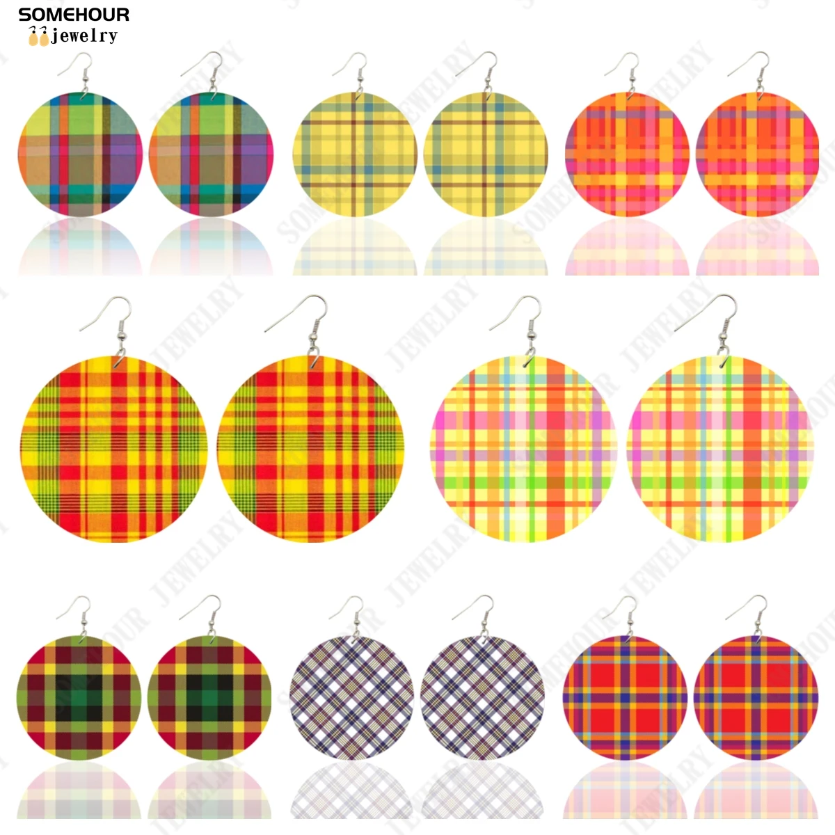 SOMEHOUR African Ethnic Fabric Design Madras Plaid Print Wooden Drop Earrings For Women Tartan Pattern Seamless Royalty Dangle