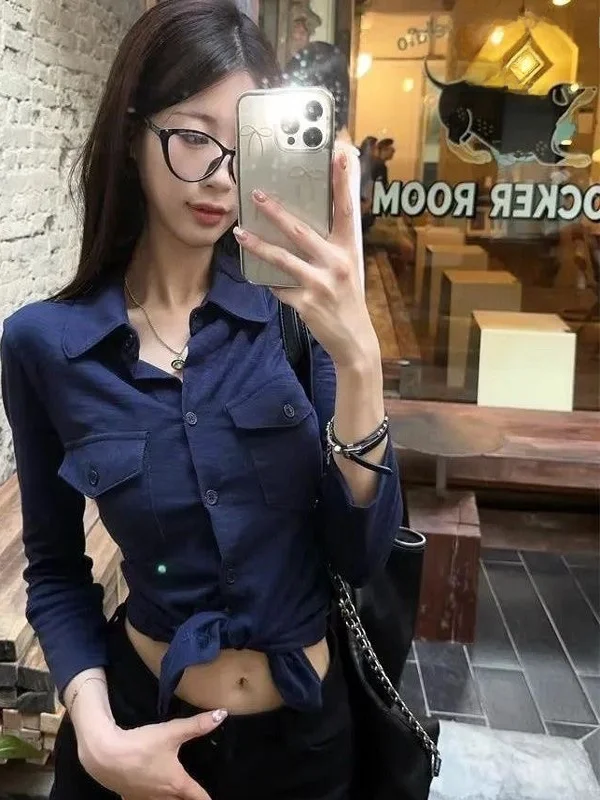 

Ele Pure Desire Sexy Long Sve irt Women Early Spring Slim Waist Belted White Open Cardigan Top Collar ort Length