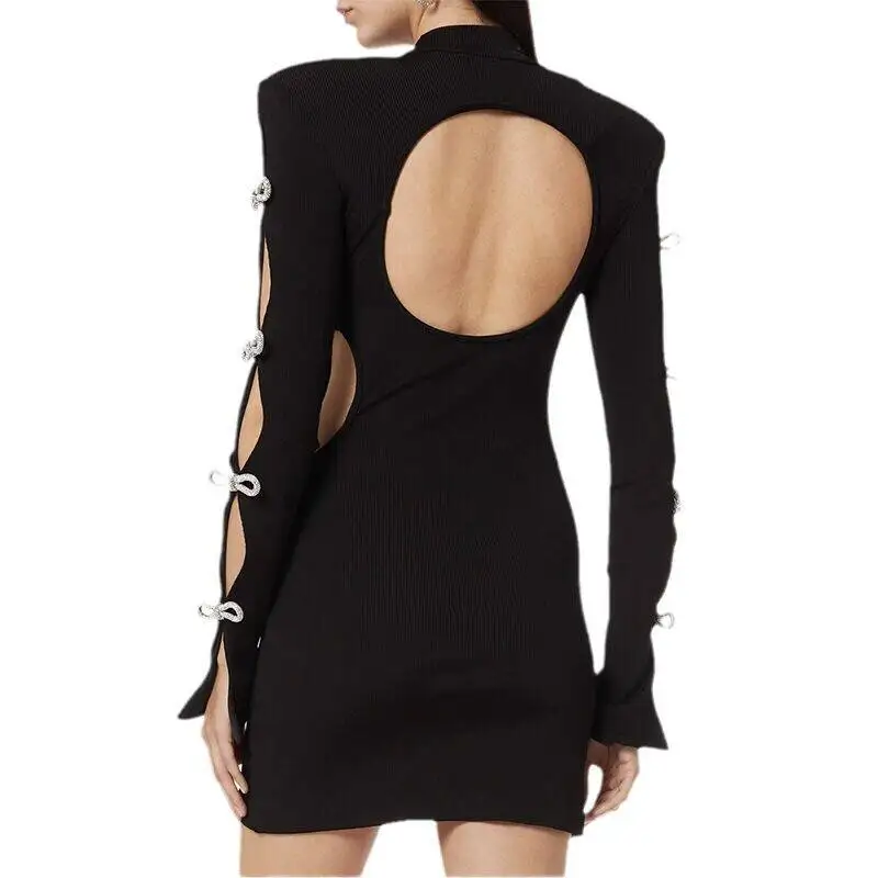 Mini vestido ajustado de manga larga con diamantes negros y cristales para mujer, vestidos sexis elegantes para fiesta y Club nocturno, recién llegados