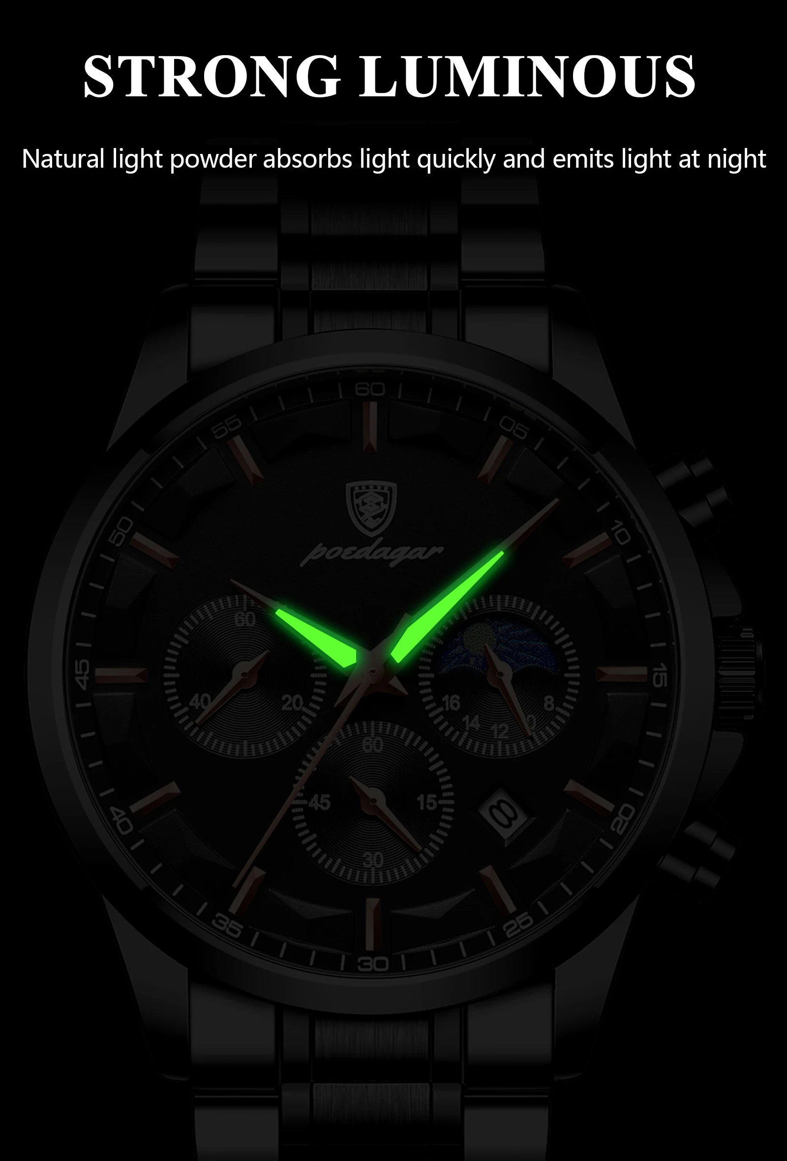 POEDAGAR Top Mode herren Uhren Wasserdicht Leuchtende Edelstahl Männer Armbanduhr Chronograph Datum Quarz Business Mann Uhr – Detail 8