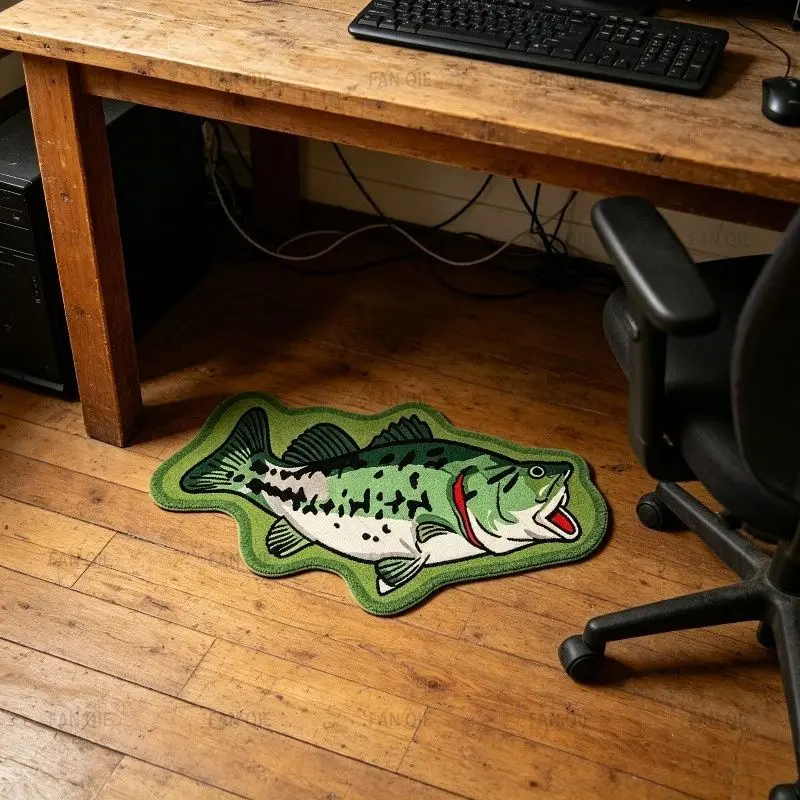 VIKAMA Bass Fish Lying Rug, Green White Spotted Open Mouth Fish Shape Mat, Novelty Office Bedroom Floor Carpet, Cozy Accent Rug