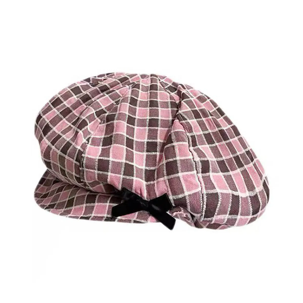 Künstlerische Mützen für Frauen im Y2K-Stil: Niedliche Rosa Karierte Wolkenhüte, Dünne Sommer-Reise-Sonnenschutz-Kappen mit Schwarzer Schleife, Retro-Baskenmützen