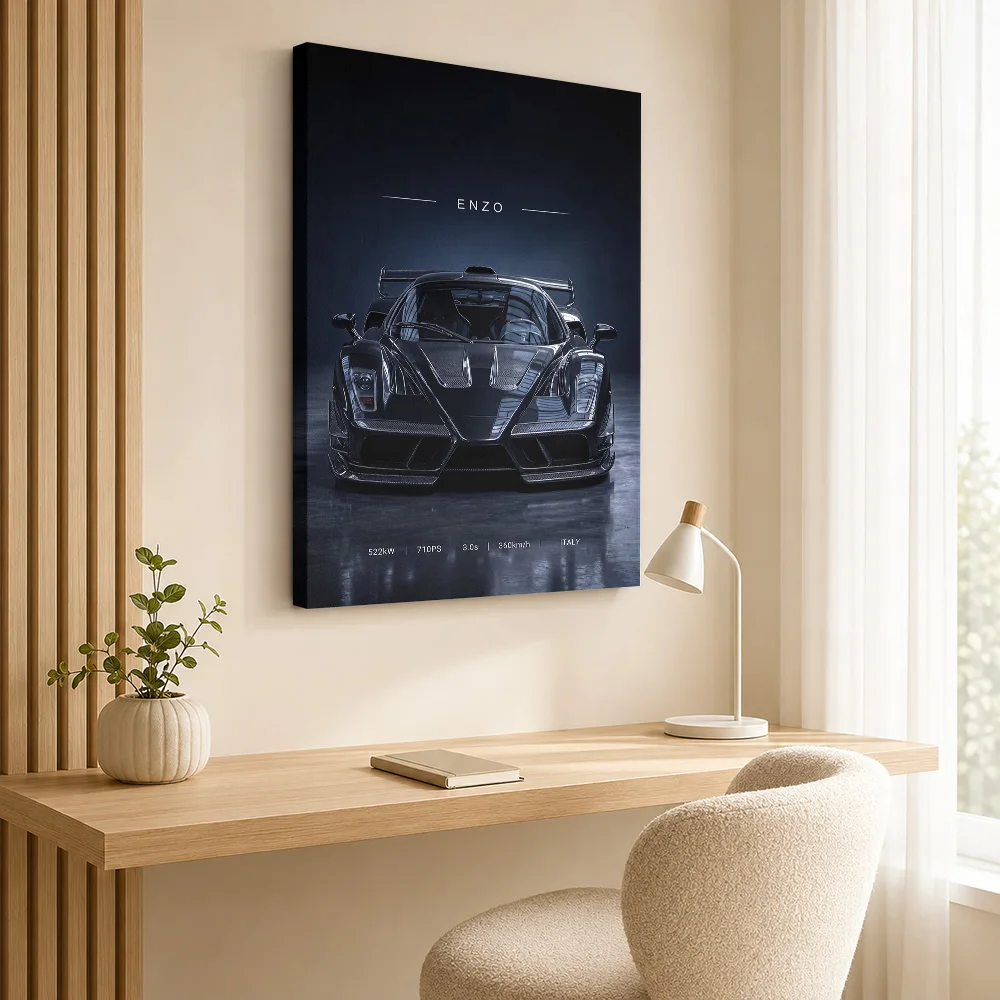 Sleek Black Italian Enzo Car Canvas Painting Poster Personalized Photo Dynamic Illustration Style Canvas Wall Art Garage Decor