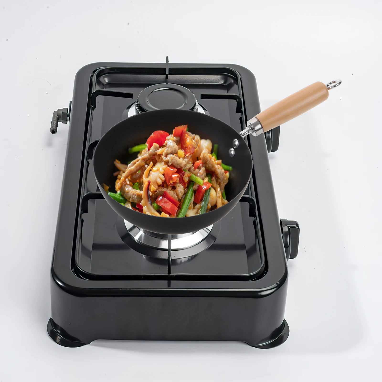 

Small Iron Wok Pan with Lid Black Color Round Bottom Cooking Pot Japanese Fry Pans Home Kitchen Gadget BBQ Sausages Vegetable