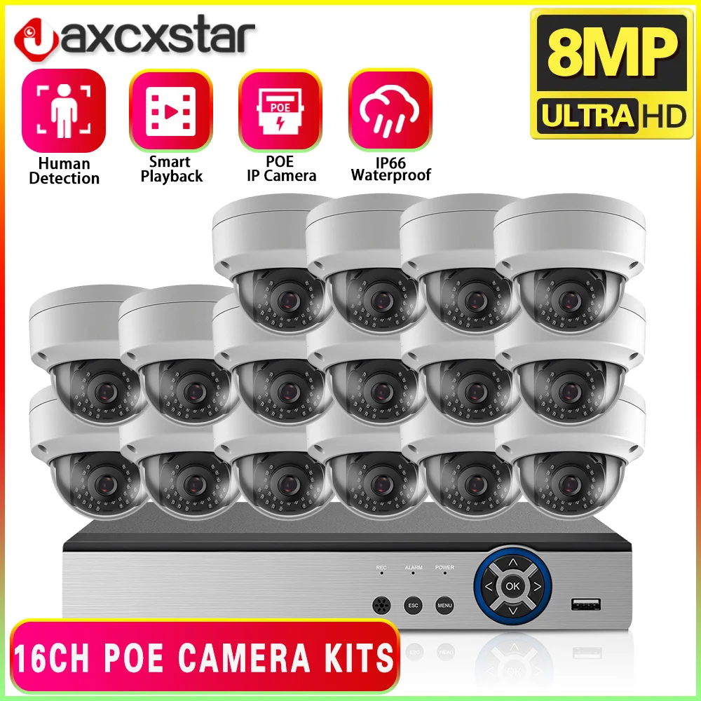 4K 16 Channel CCTV Video Surveillance Kit 8MP 8CH POE NVR Kit Outdoor Waterproof POE IP Dome Security Camera System Set 16CH P2P