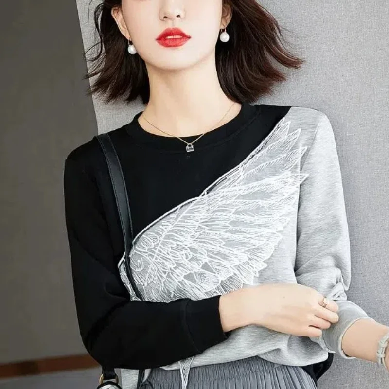 Korean Embroidered Lace Loose Women\'s 2024 Spring Autumn New Spliced Pullover O-Neck Minimalist Casual Long Sleeve Sweatshirts