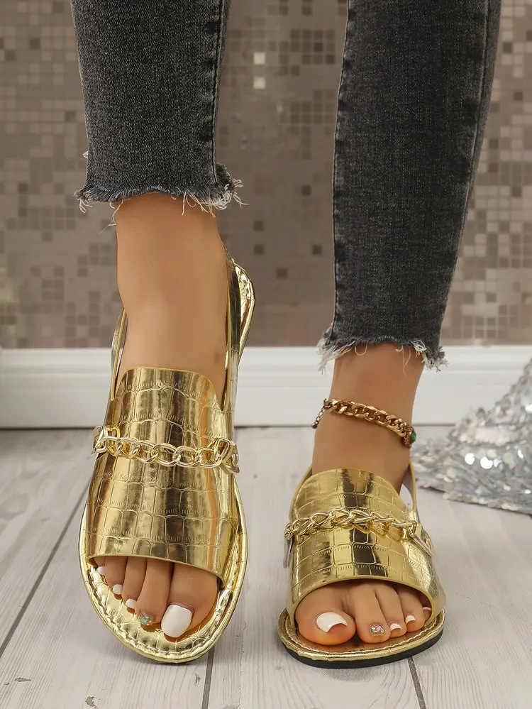 Damen Glitzer-Gold-Pantoletten Sommer Metallic Strukturierte Sandalen mit Ketten-Dekor Große Größen Offene Zehen Flache Slides Damen-Hausschuhe – Detail 9